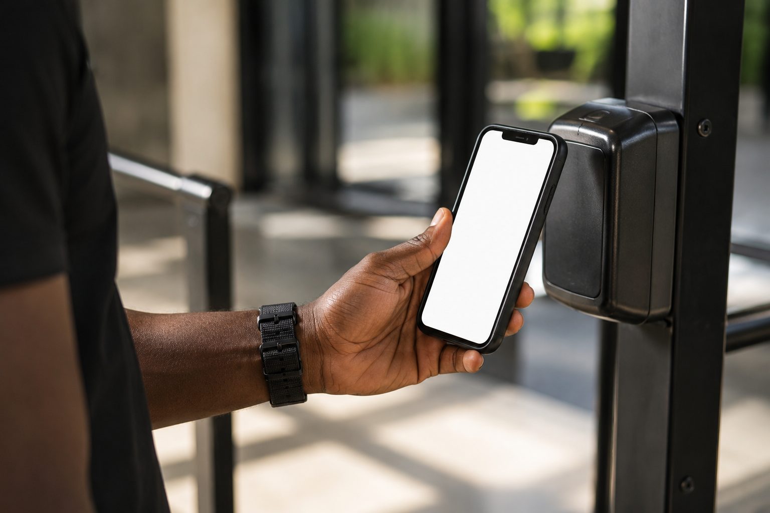 Un membre approche son téléphone du lecteur fixé au portillon d’entrée de la salle.