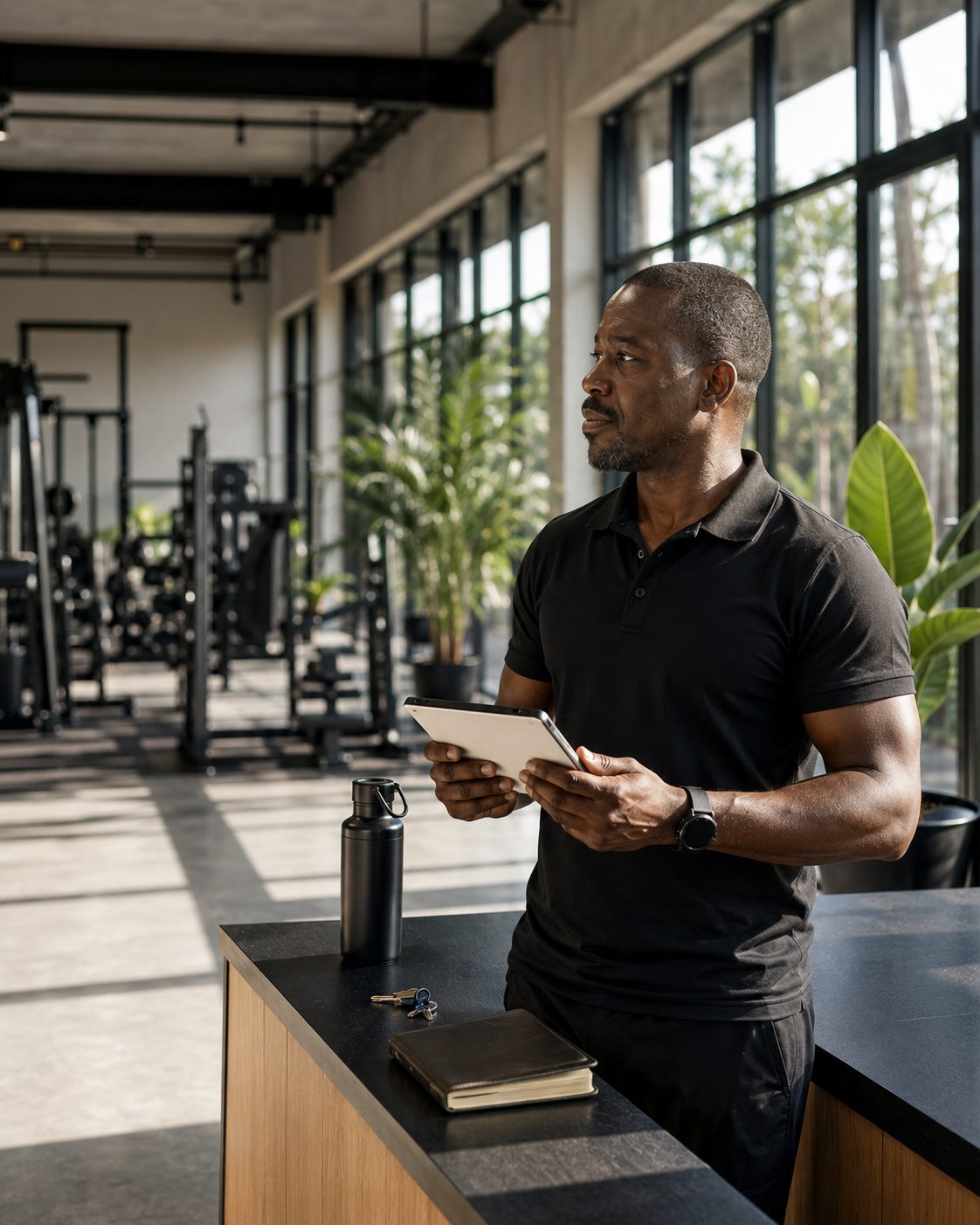 Le gérant d’une salle de sport consulte une tablette près de son comptoir d’accueil.